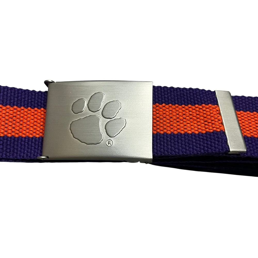 Clemson Tigers NCAA Web Belt Purple Orange Paw Print Logo Silver Slider Buckle
